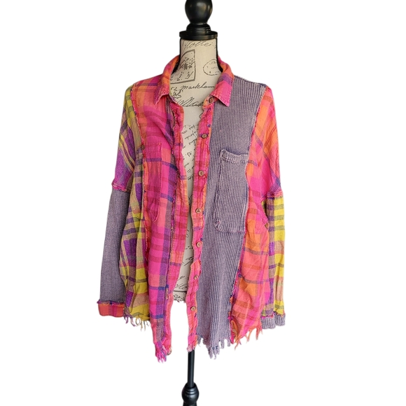 Ole & Halli Mixed Media Plaid Boho Shacket Frayed Hem M - Picture 1 of 8